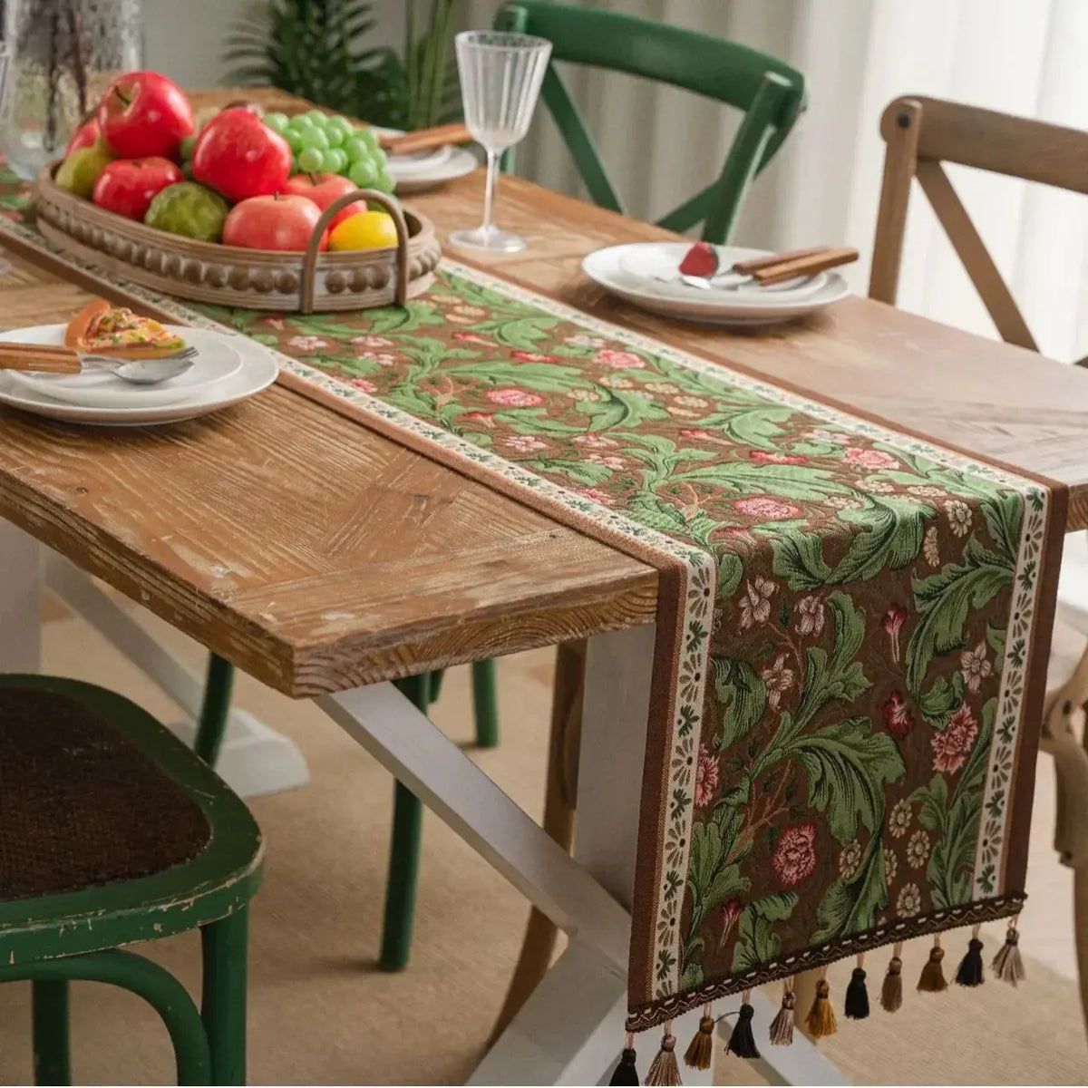 Plant Jacquard Tassel Table Runner