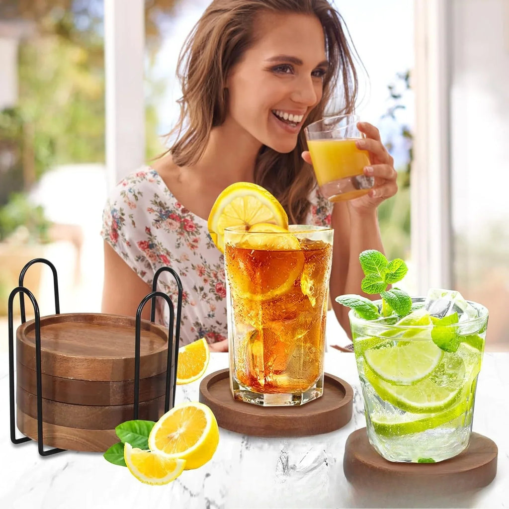 Acacia Wood Drink Coasters with Holder (4 Pcs)