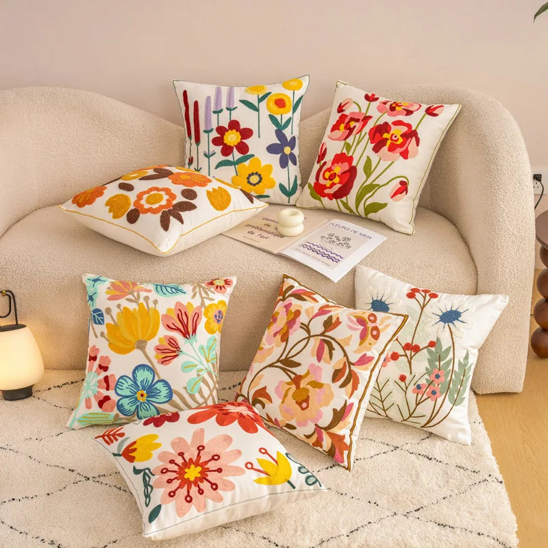 Embroidered Floral Throw Pillow Cover
