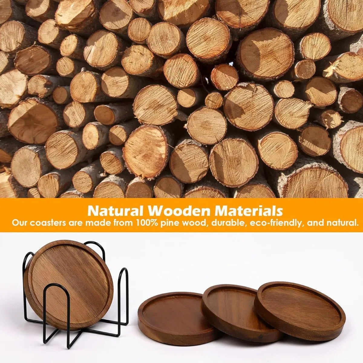Acacia Wood Drink Coasters with Holder (4 Pcs)