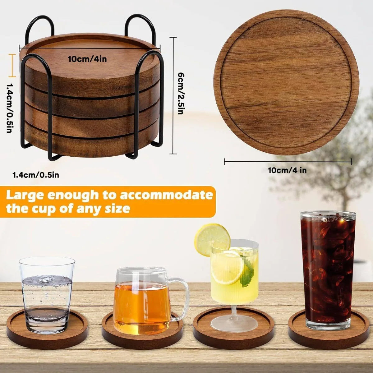 Acacia Wood Drink Coasters with Holder (4 Pcs)