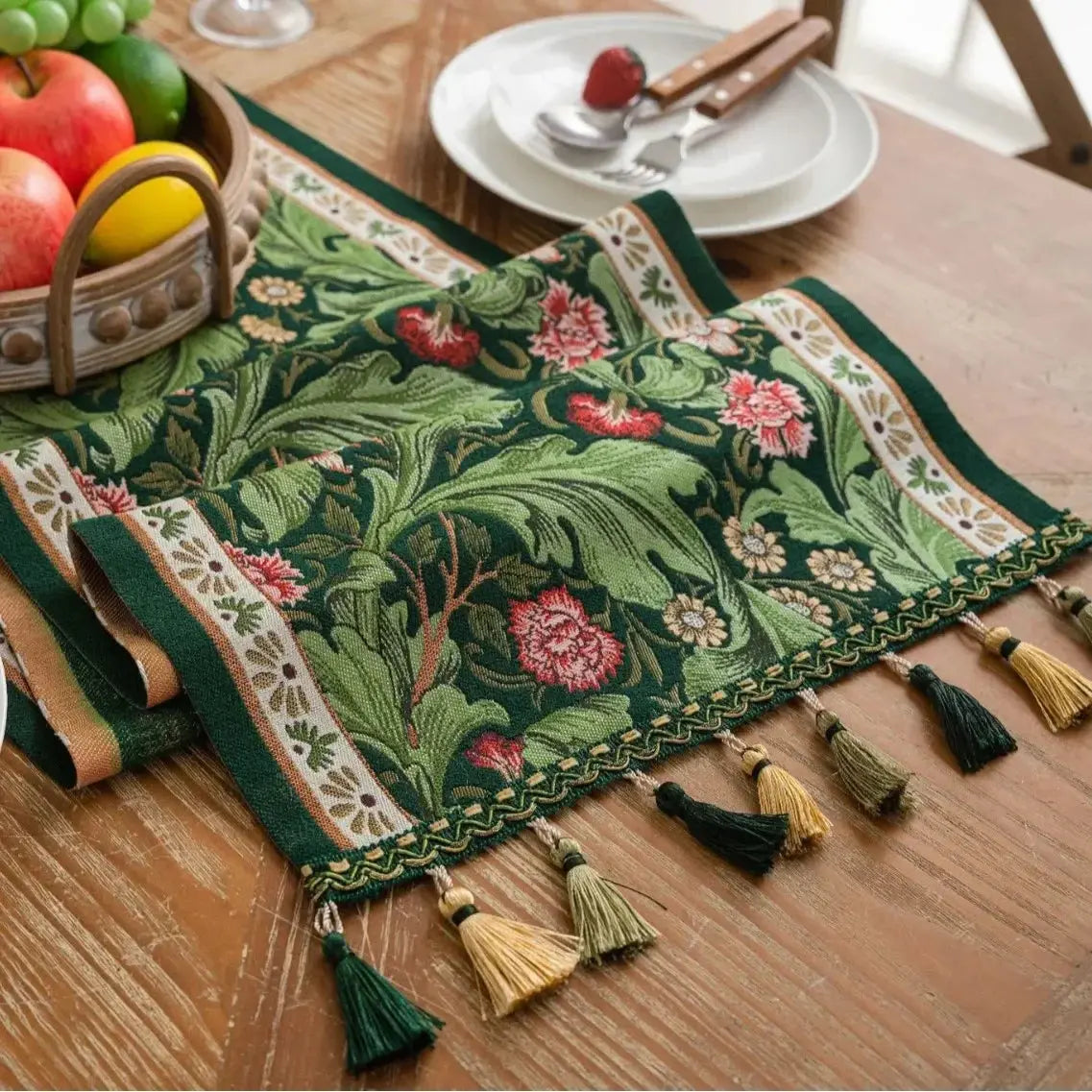 Plant Jacquard Tassel Table Runner