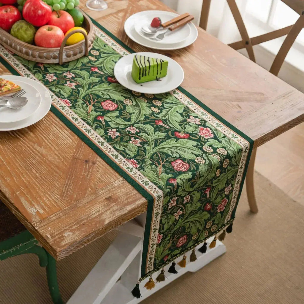 Plant Jacquard Tassel Table Runner