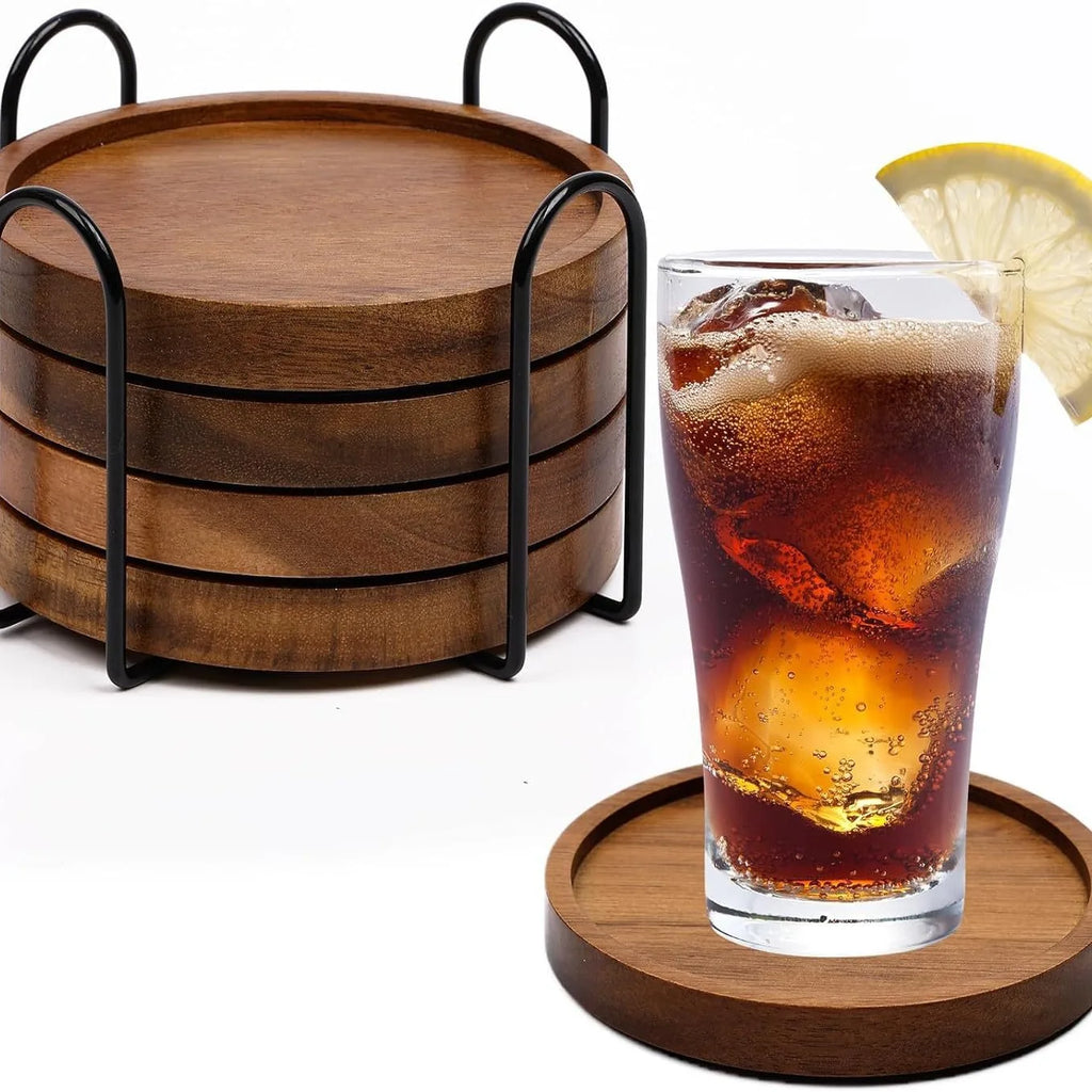 Acacia Wood Drink Coasters with Holder (4 Pcs)