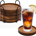 Acacia Wood Drink Coasters with Holder (4 Pcs)