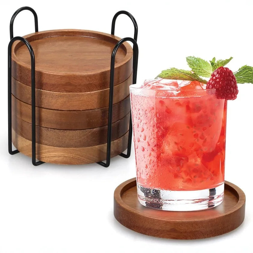 Acacia Wood Drink Coasters with Holder (4 Pcs)