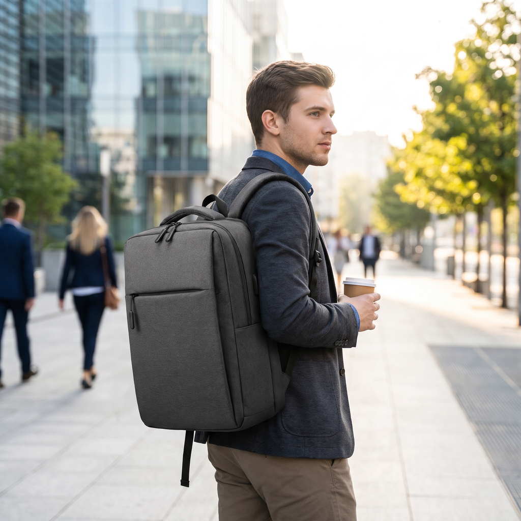 Laptop Backpack worn on a city street