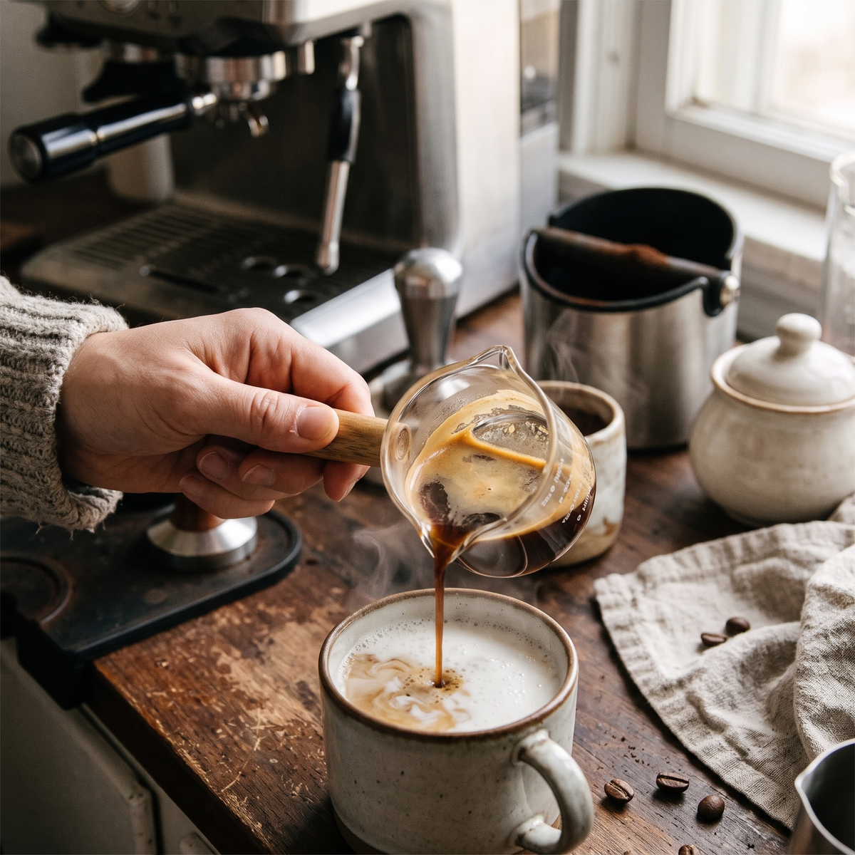 Wooden Handle Measuring Cup in use