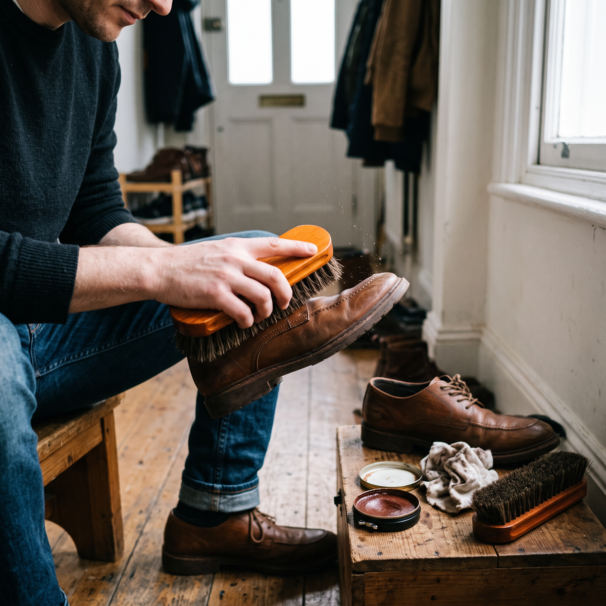 Horsehair Shoe Brush in use