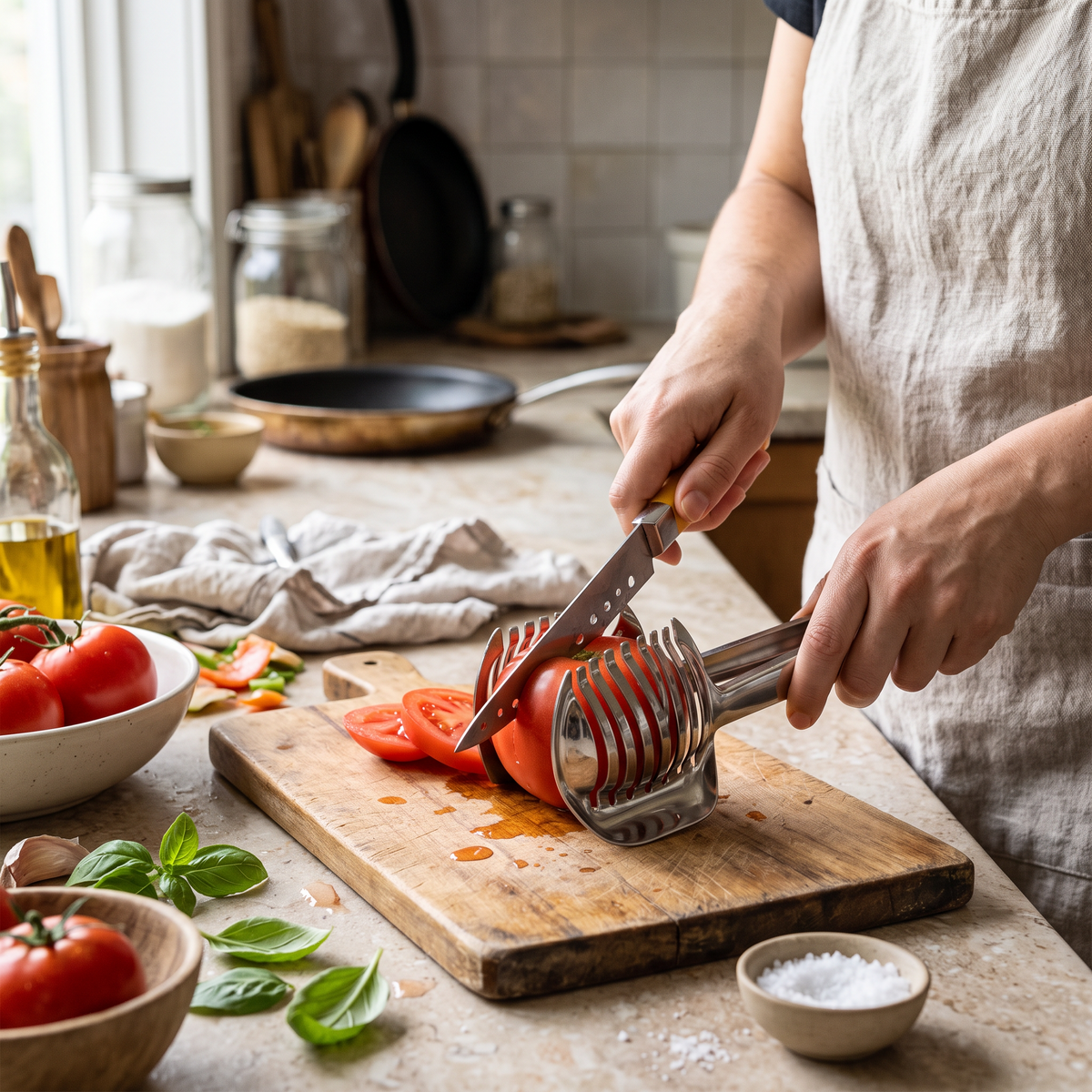 Stainless Steel Fruit Slicer in use