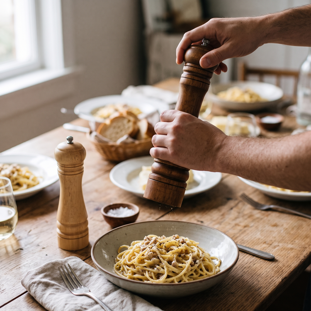 Oak Pepper Grinder in use
