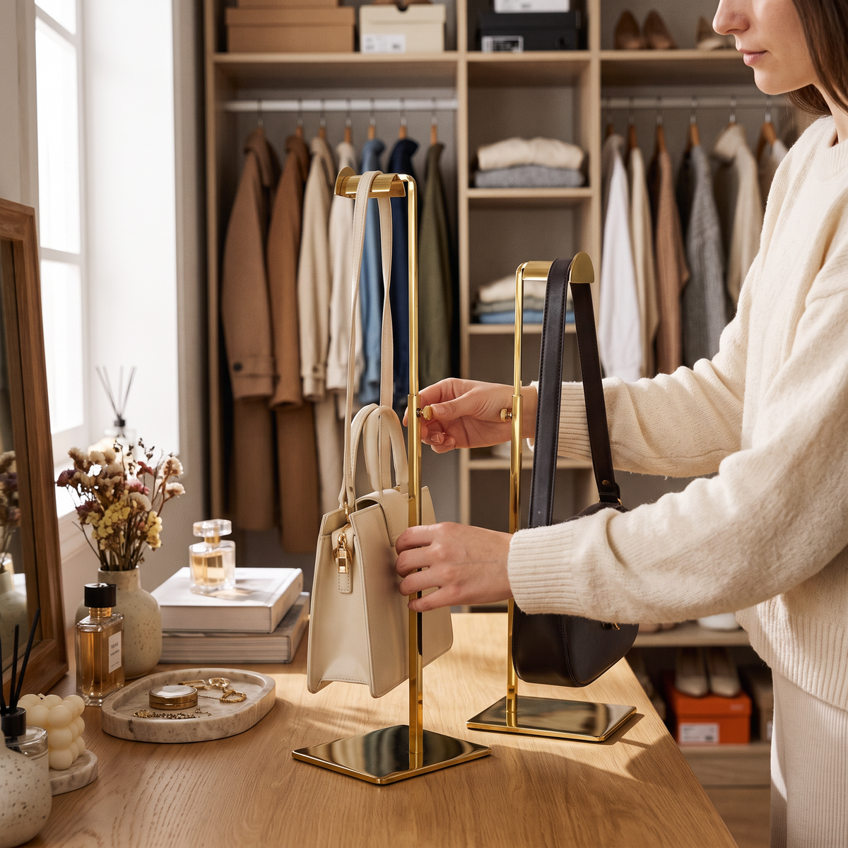 Adjustable Handbag Stand in use