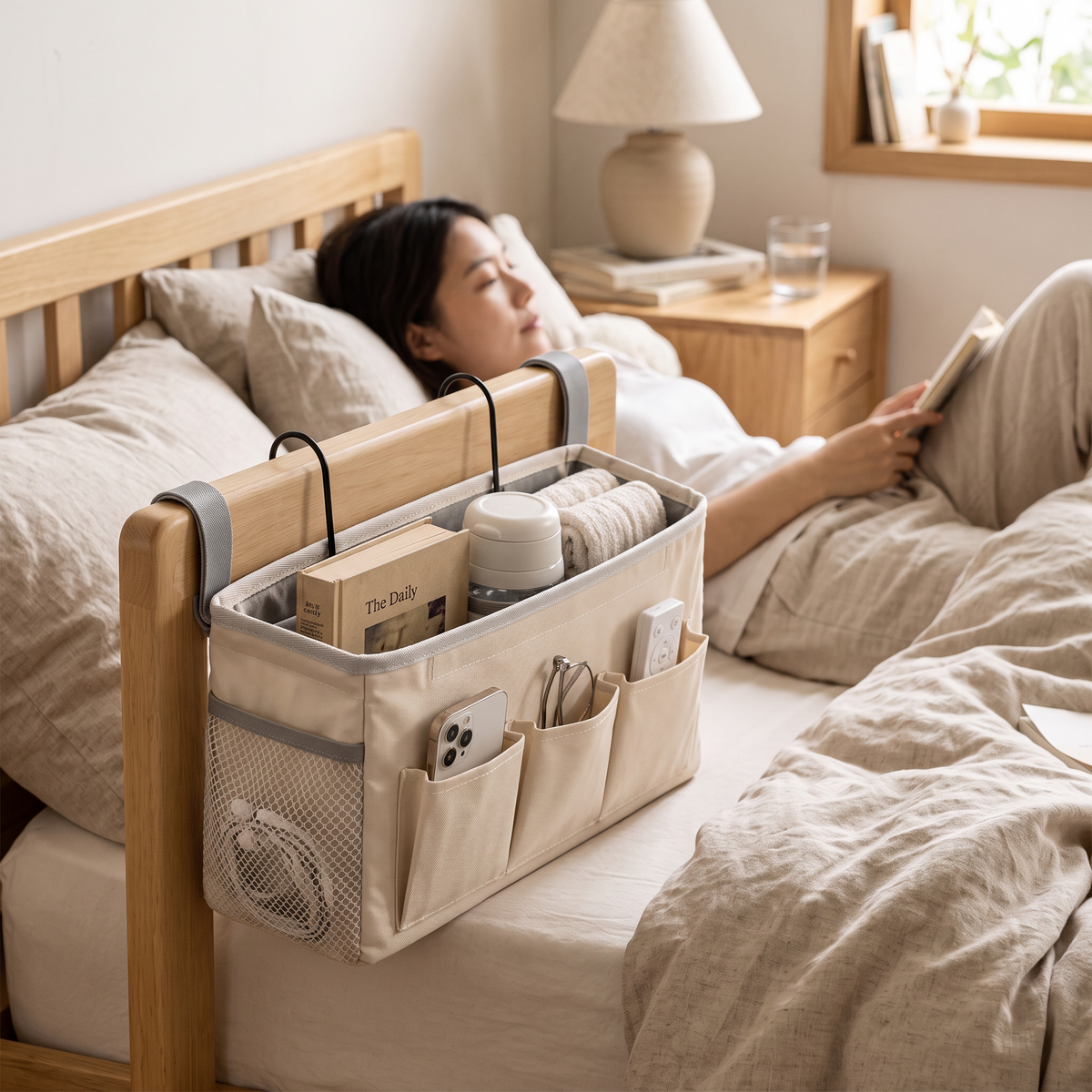 Bedside Caddy Organizer in use