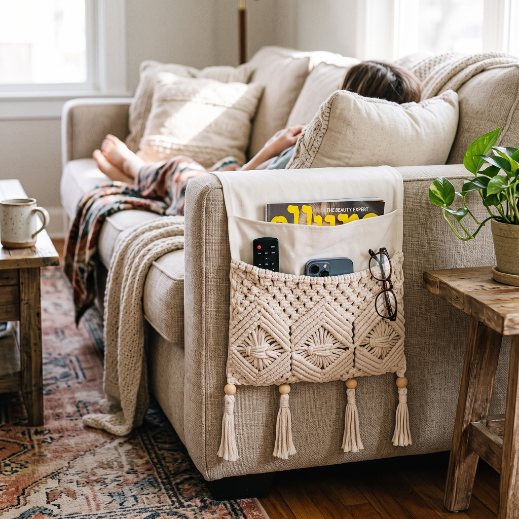 Boho Armrest Organizer in use