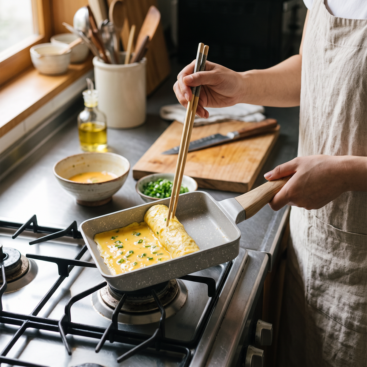 Rectangular Omelette Pan in use