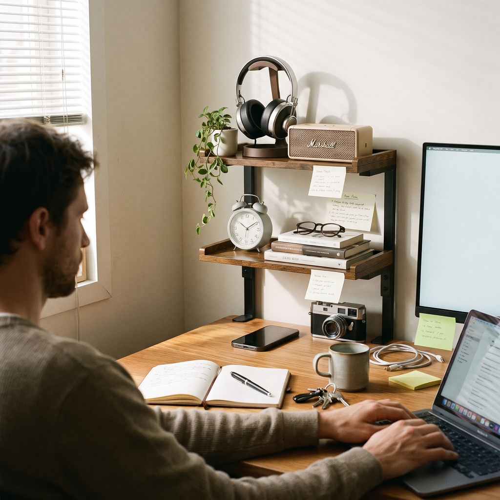 Clamp Desk Shelf in use
