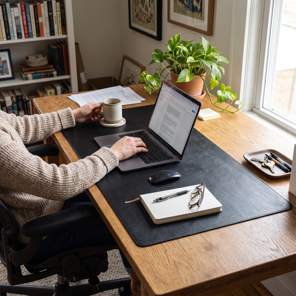 Leather Desk Pad in use