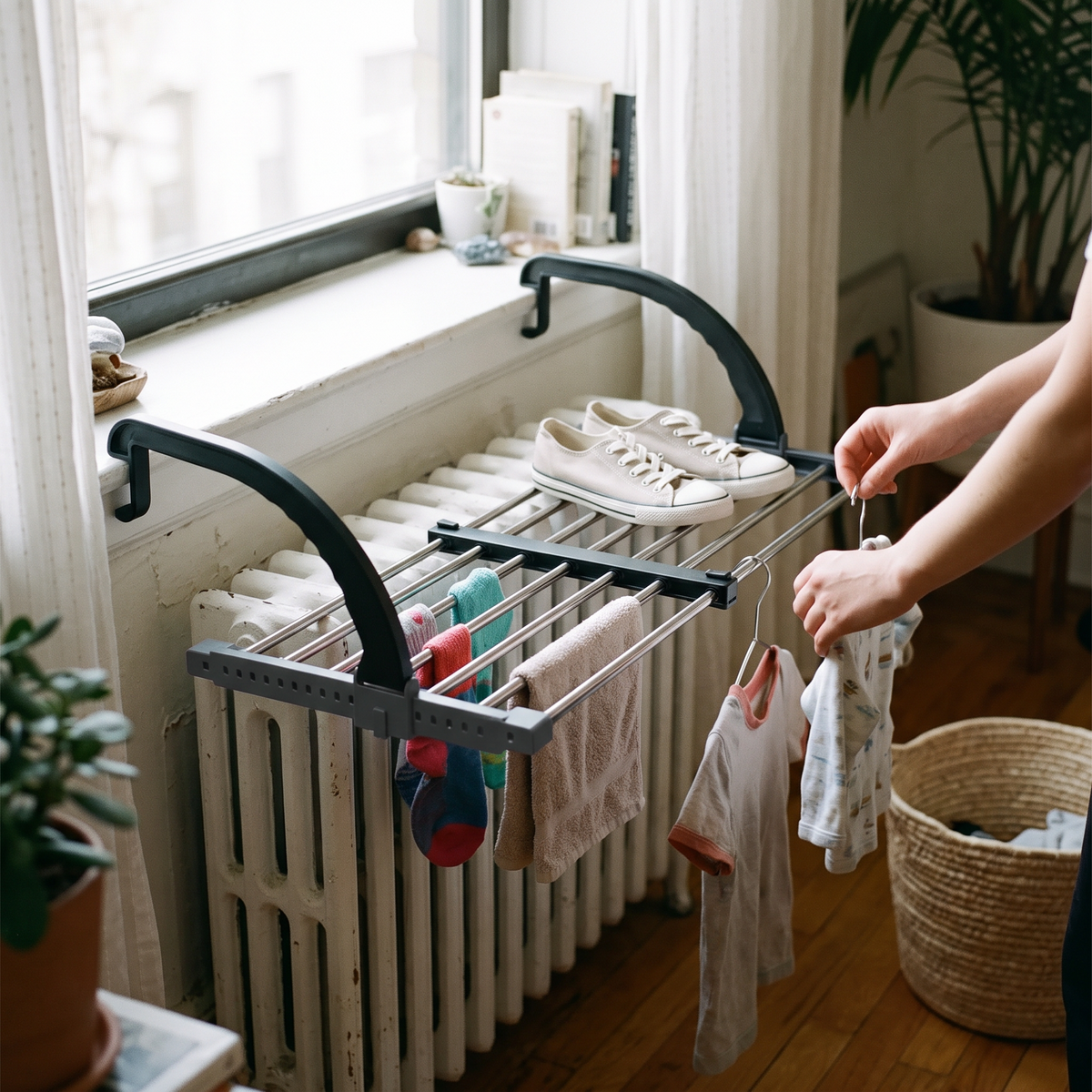 Extendable Radiator Drying Rack in use