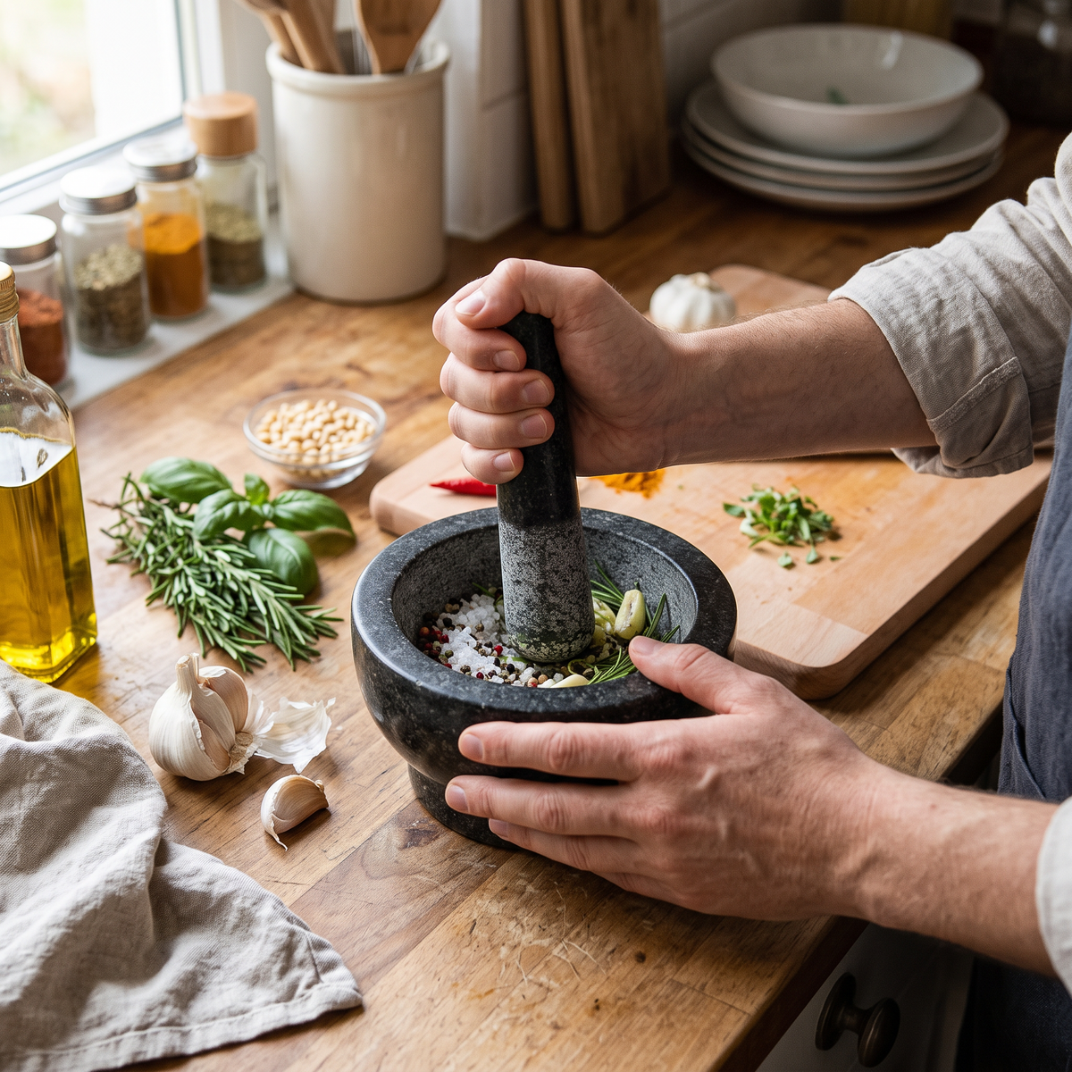 Granite Mortar and Pestle Set in use