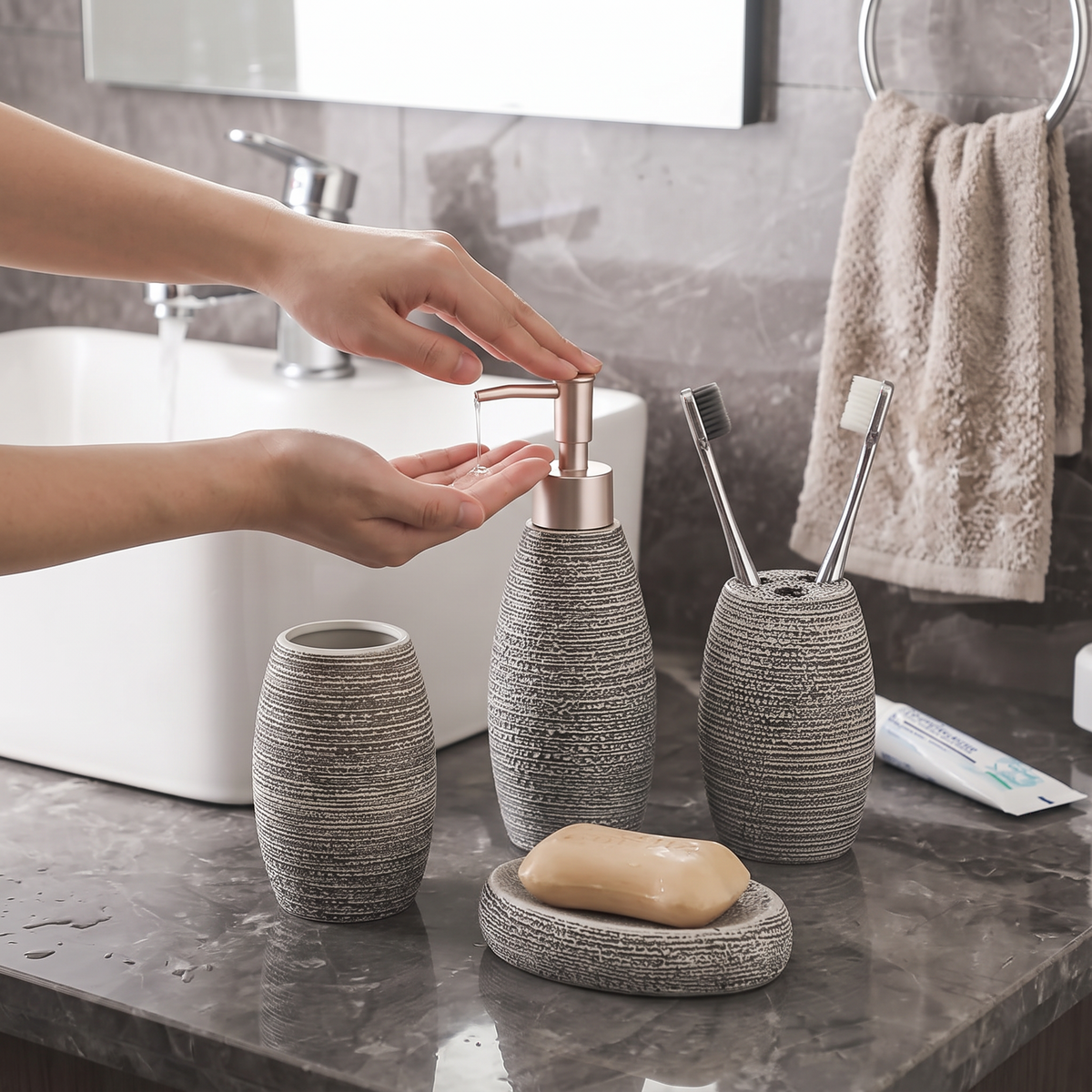 Ceramic Bathroom Set in use