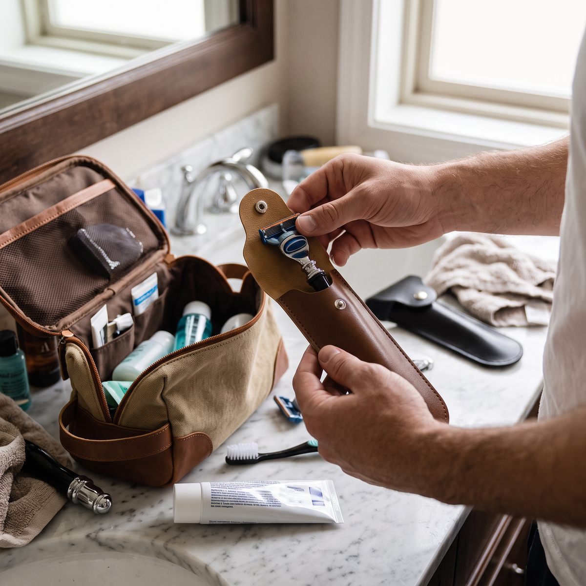 Leather Razor Case in use
