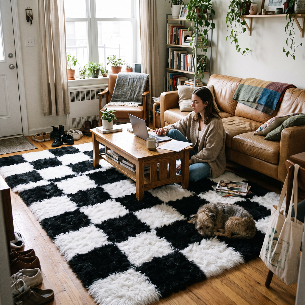 Checkered Area Rug in use