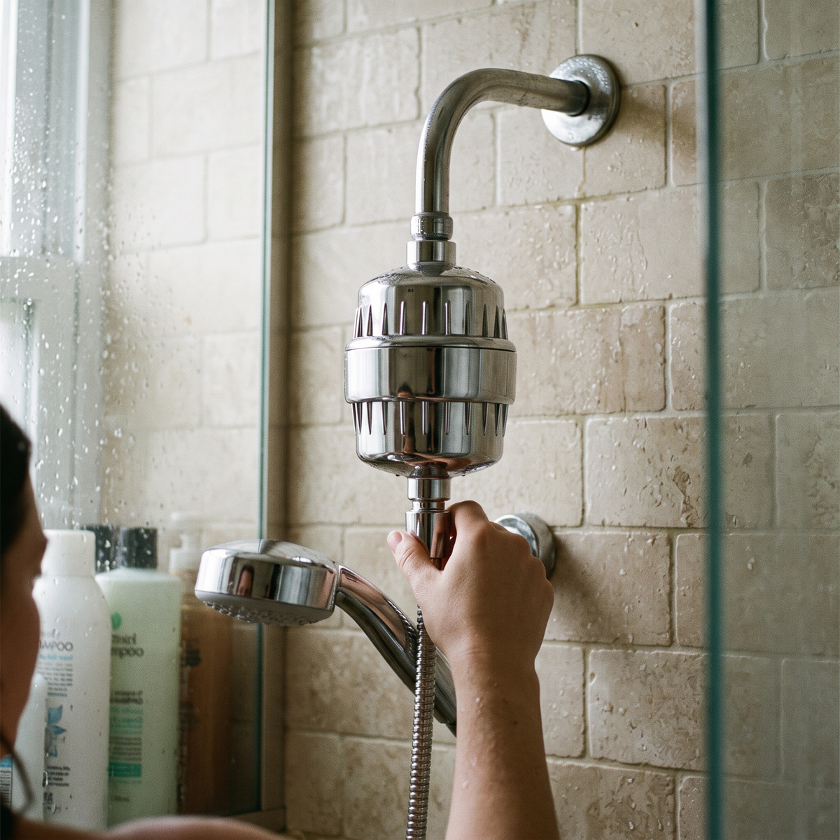 Stainless Steel Shower Filter in use