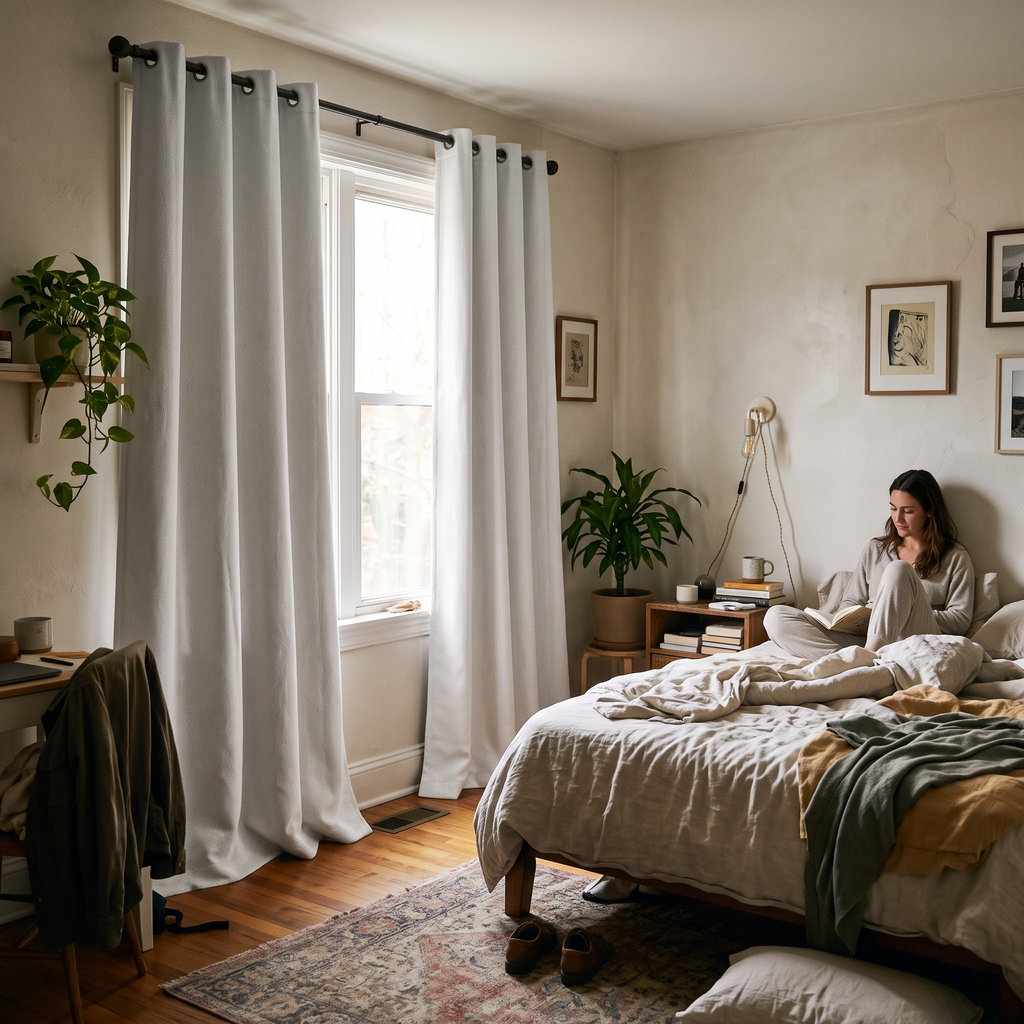 Room Darkening Curtains in use