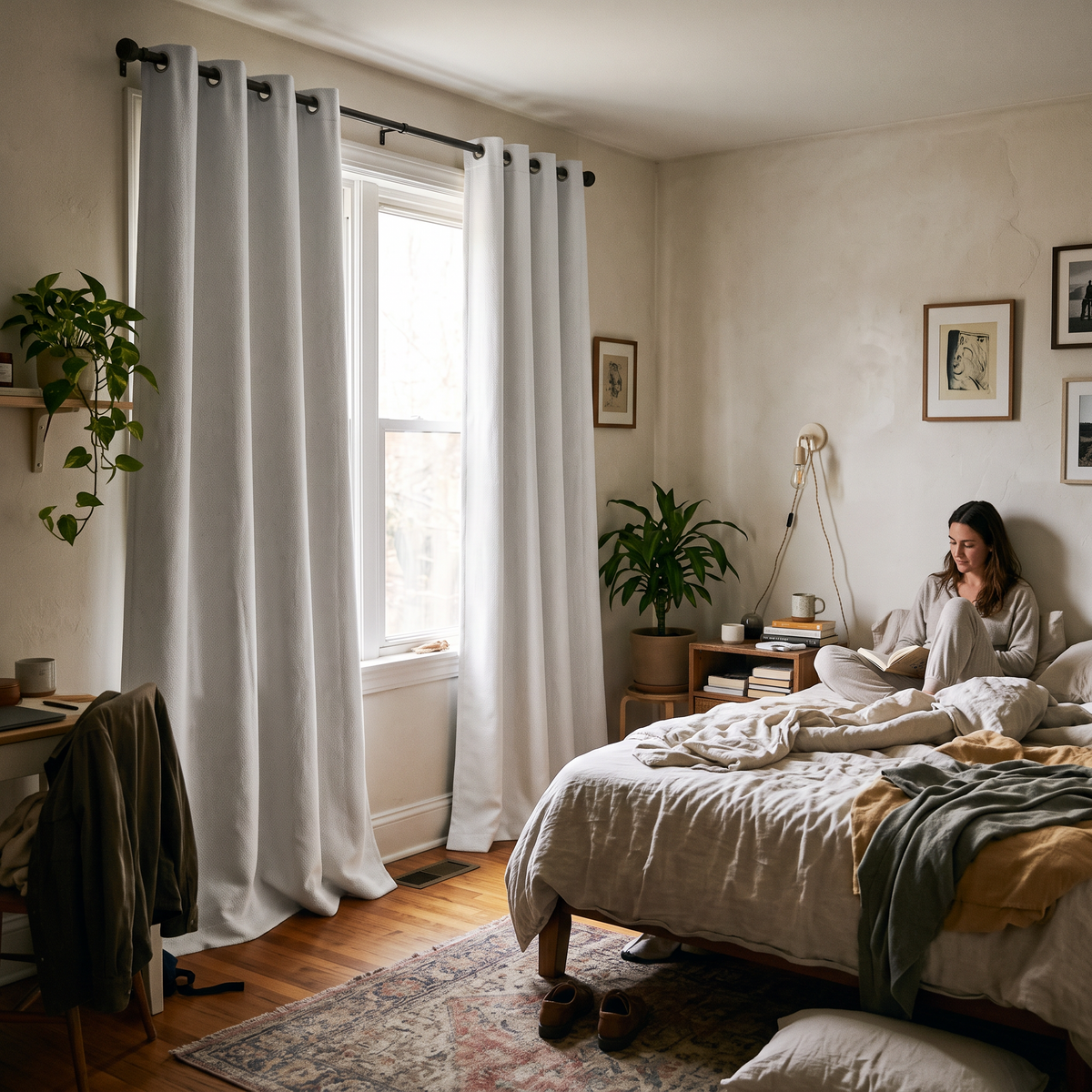 Room Darkening Curtains in use