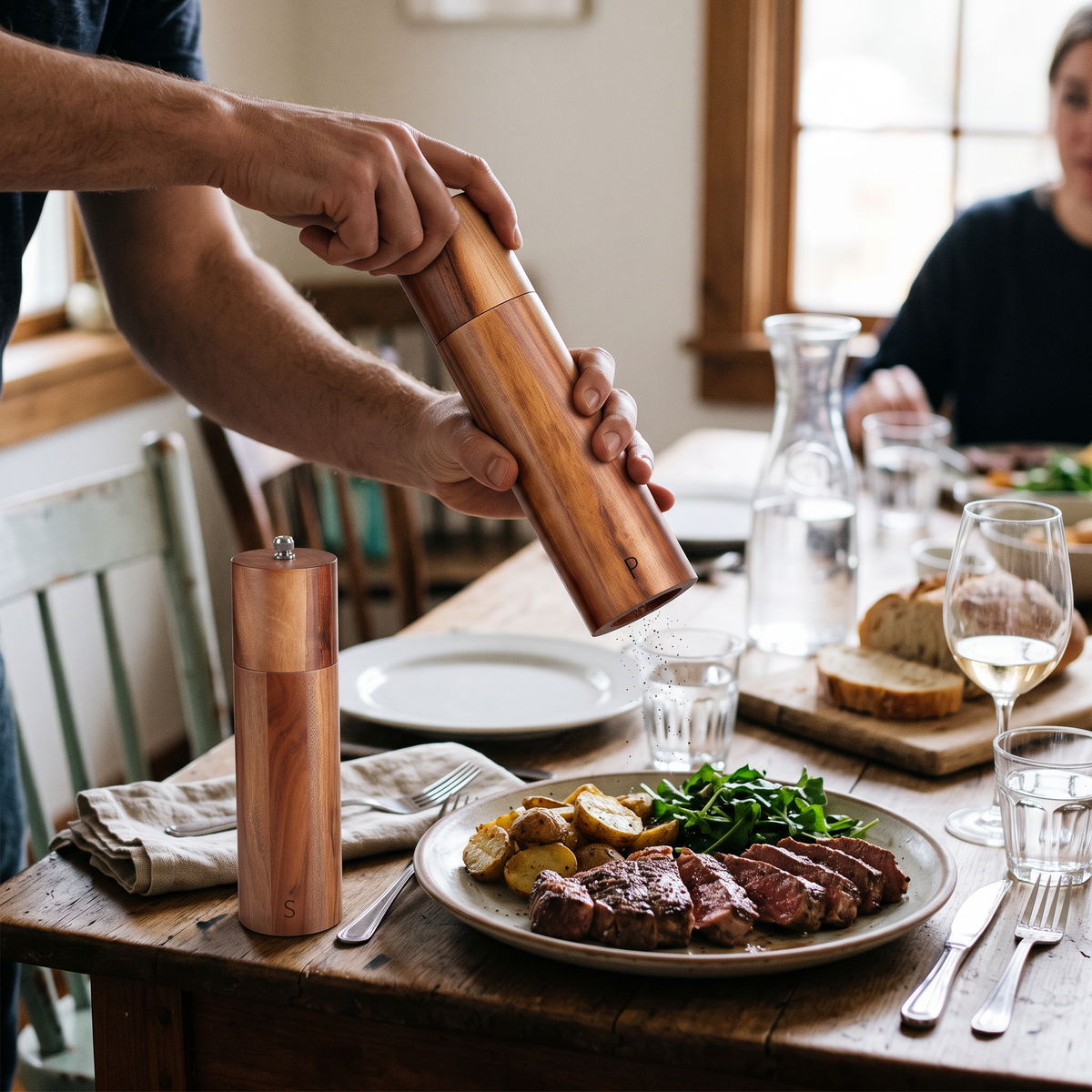 Wooden Pepper Grinder Set in use