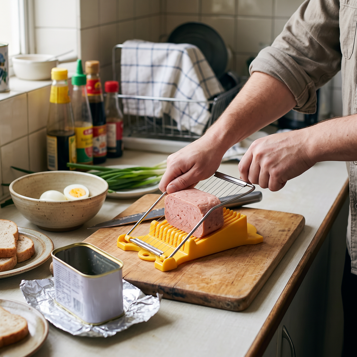 Luncheon Meat Egg Cutter in use