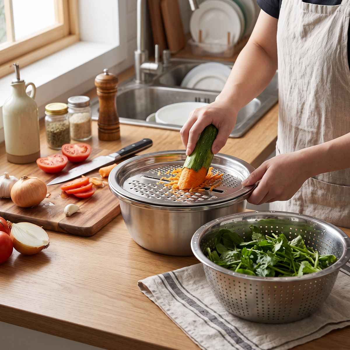 Stainless Slicer Bowl Set in use