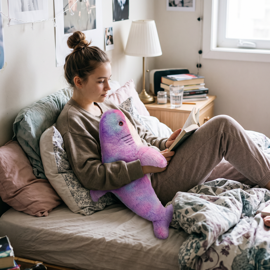 Purple Shark Plush Toy in use
