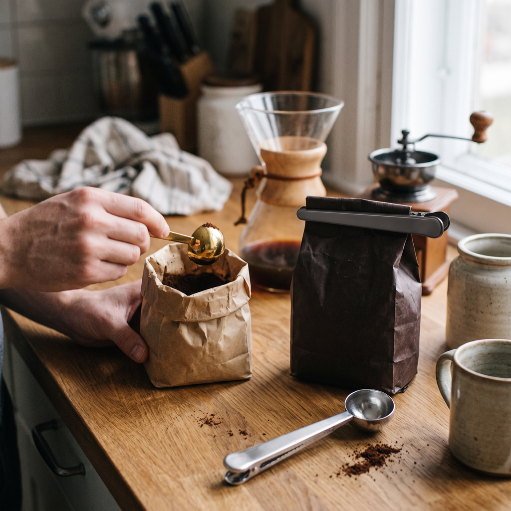 Stainless Steel Coffee Scoop Clip in use