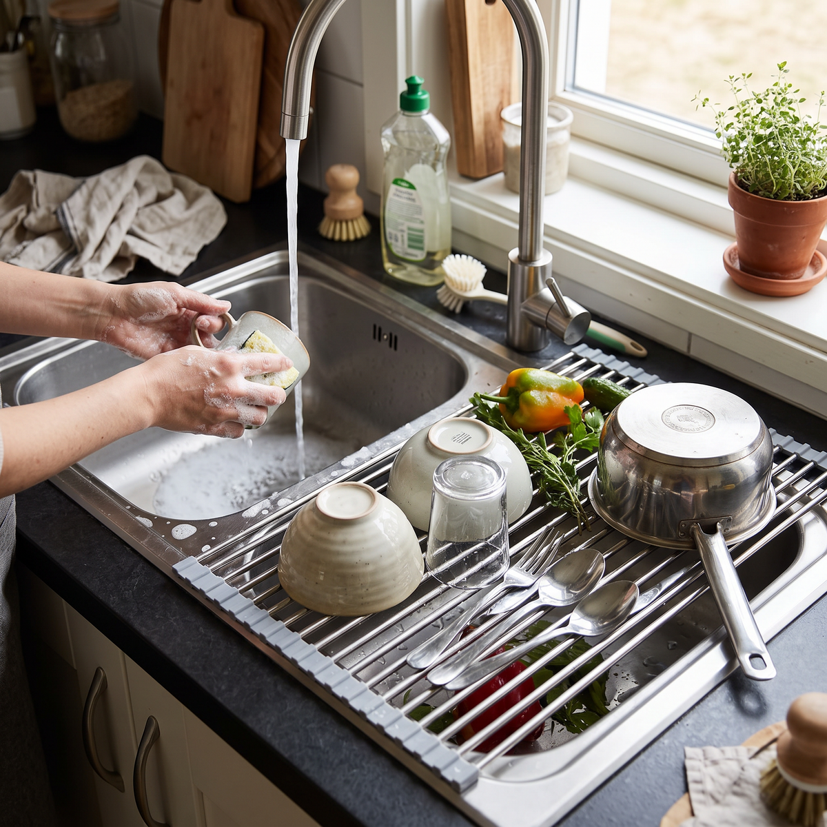 Over The Sink Dish Drying Rack in use