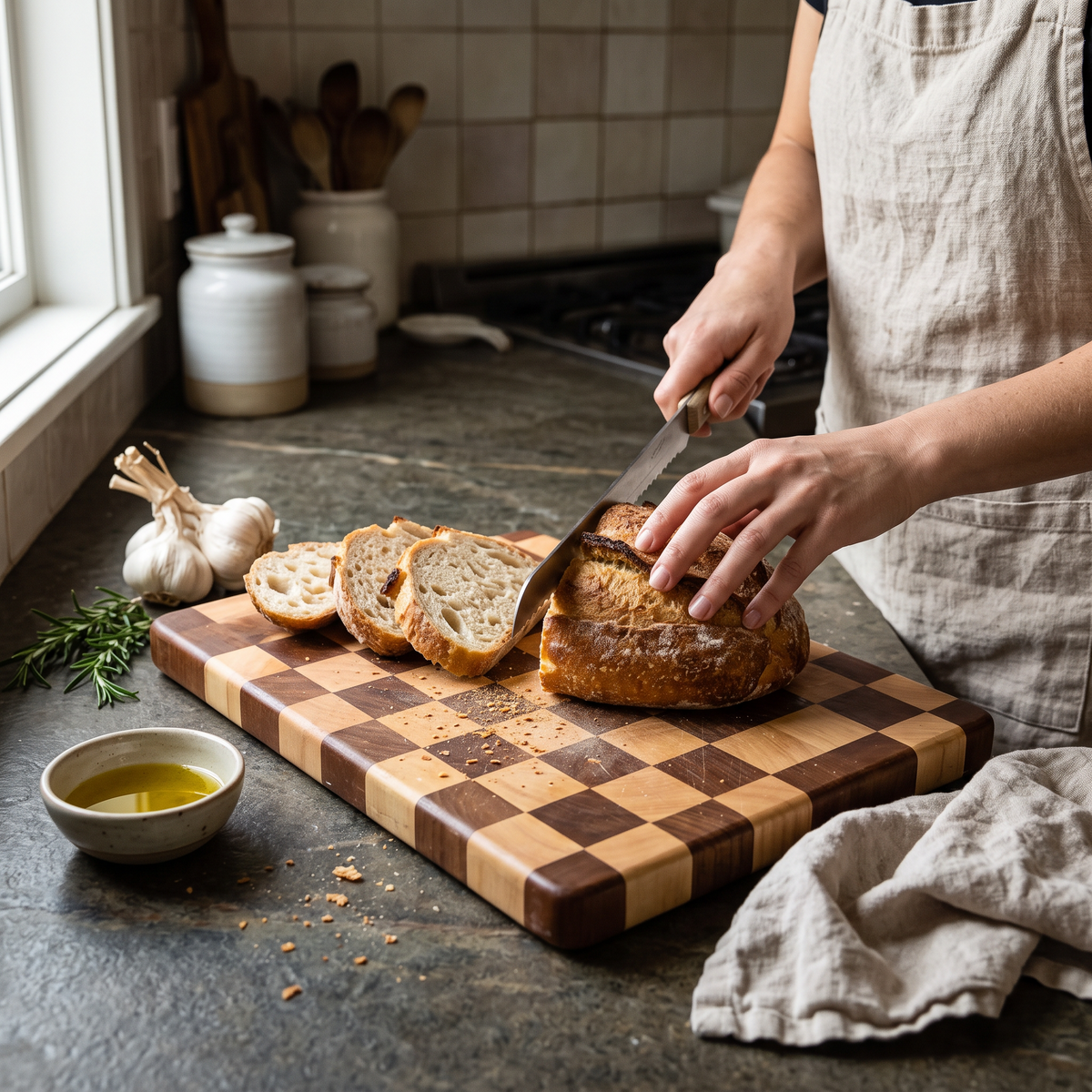 Checkered Wood Cutting Board in use