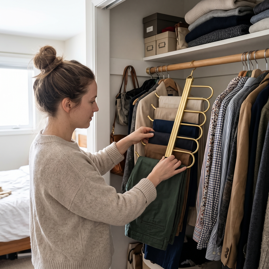 Gold Metal Pants Hanger in use