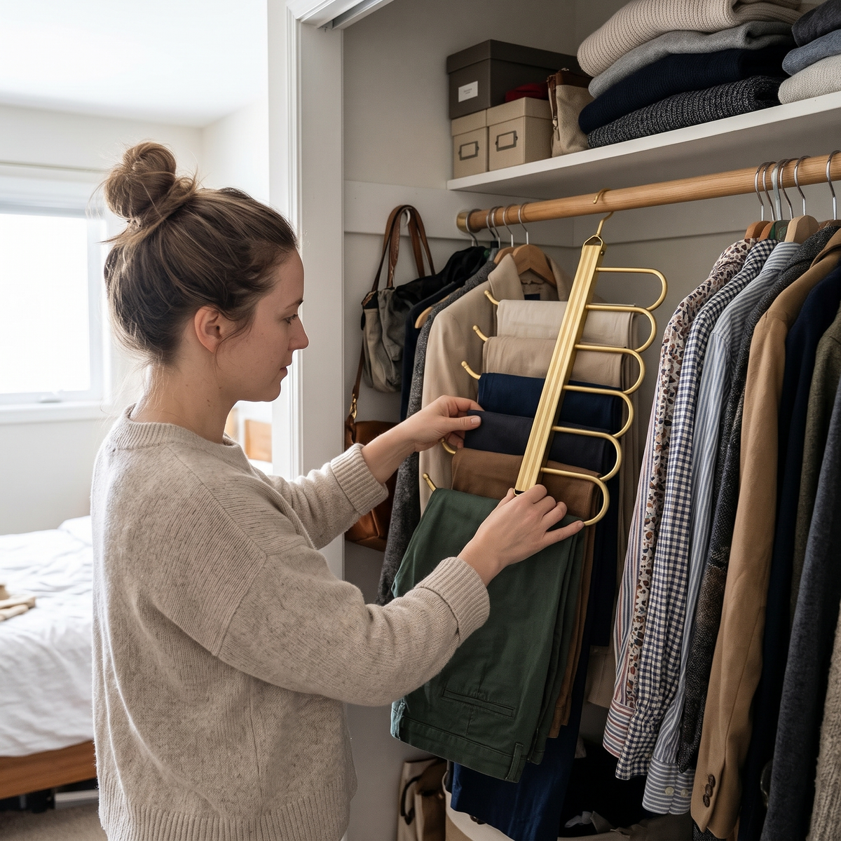 Gold Metal Pants Hanger in use