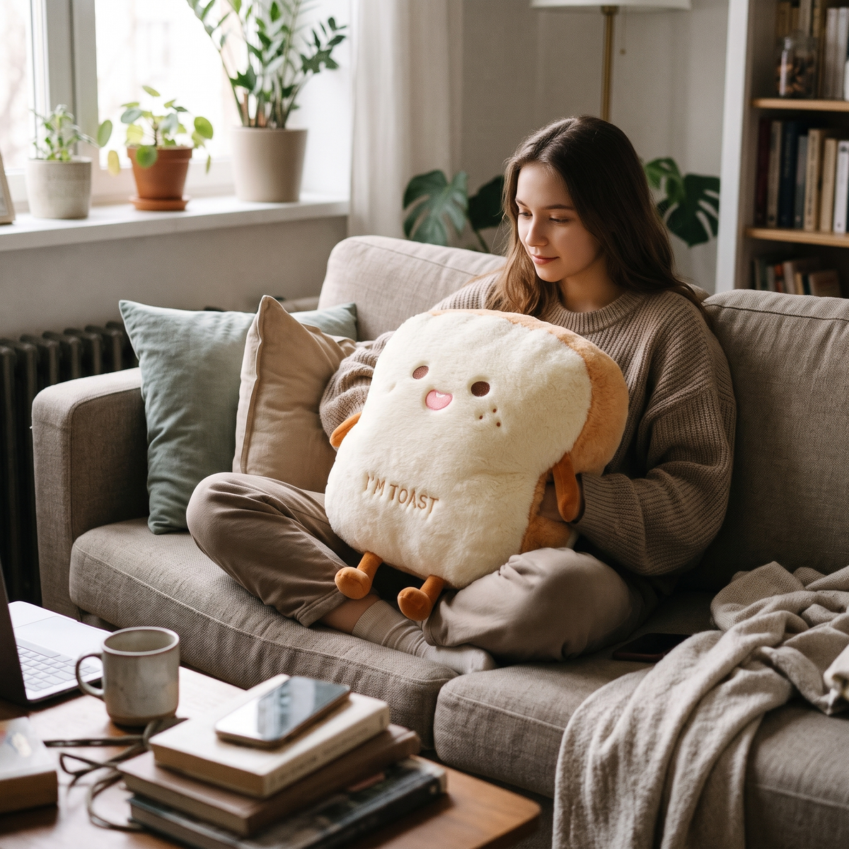 Soft Toast Bread Plush Pillow in use