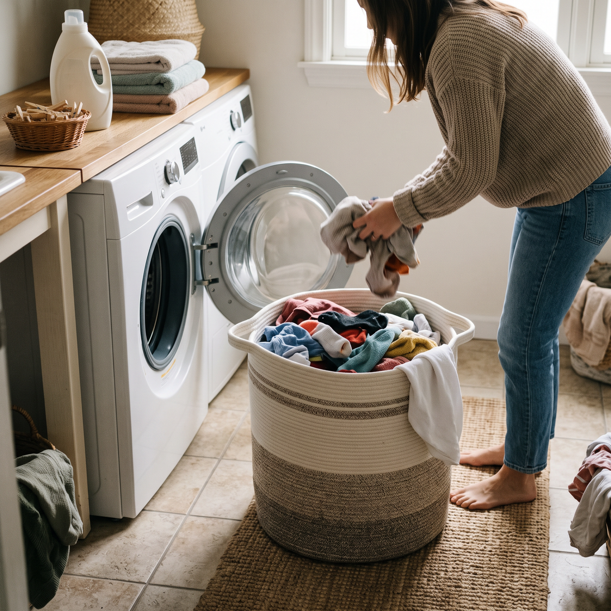 Woven Laundry Storage Basket in use