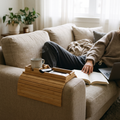 Foldable Bamboo Sofa Armrest Tray in use