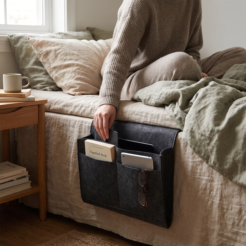 Felt Bedside Caddy Organizer in use