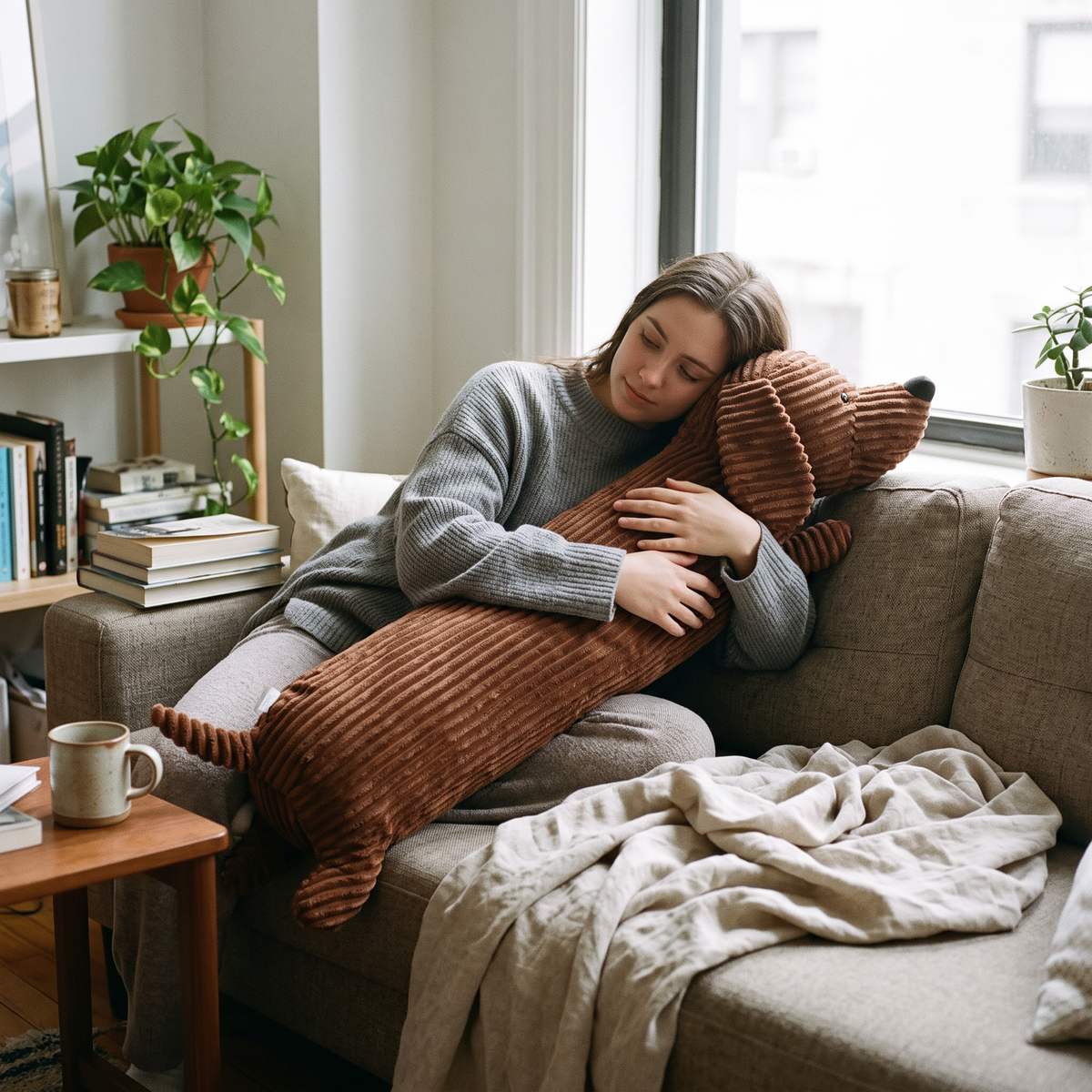 Dachshund Plush Body Pillow in use