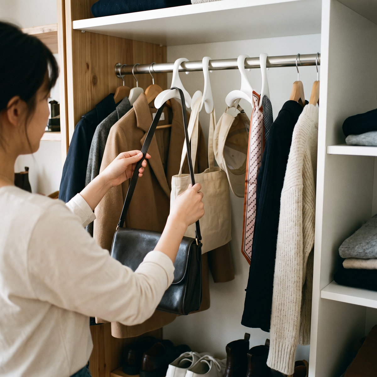 Arched Clothes Hanger & Bag Hook in use