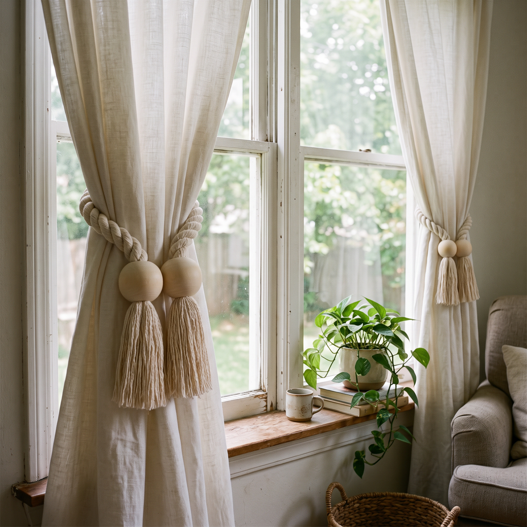 Wooden Curtain Tiebacks in use