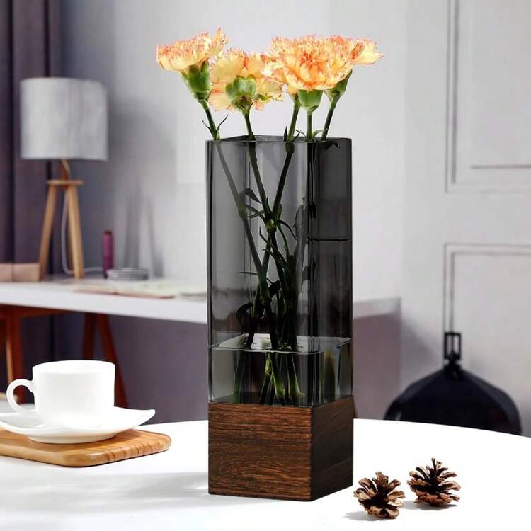 Square Wooden-Base Acrylic Vase