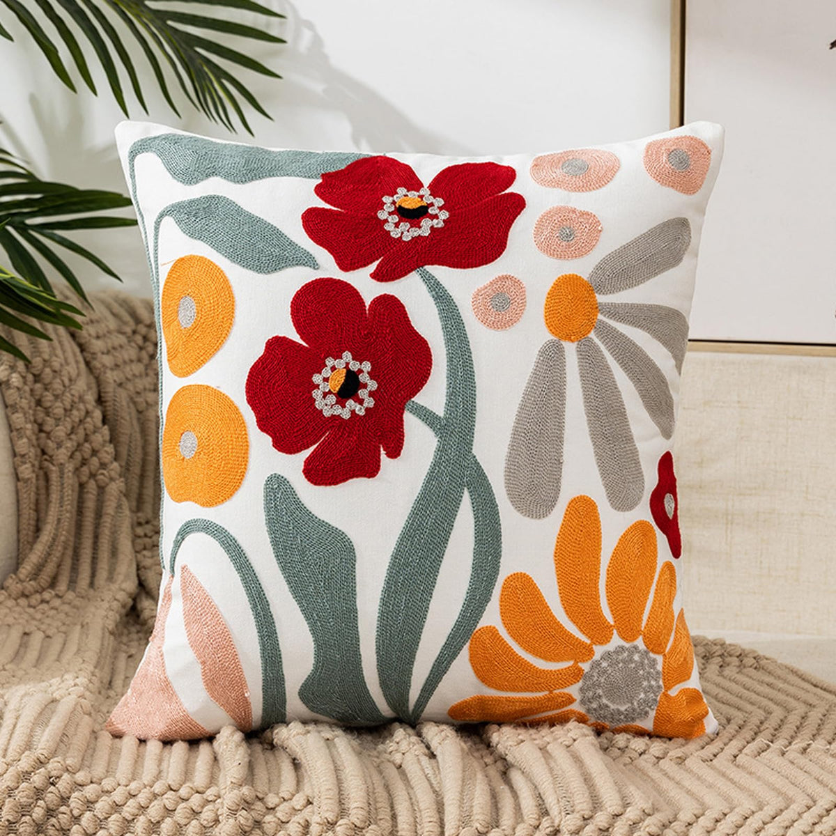 Embroidered Floral Throw Pillow Cover