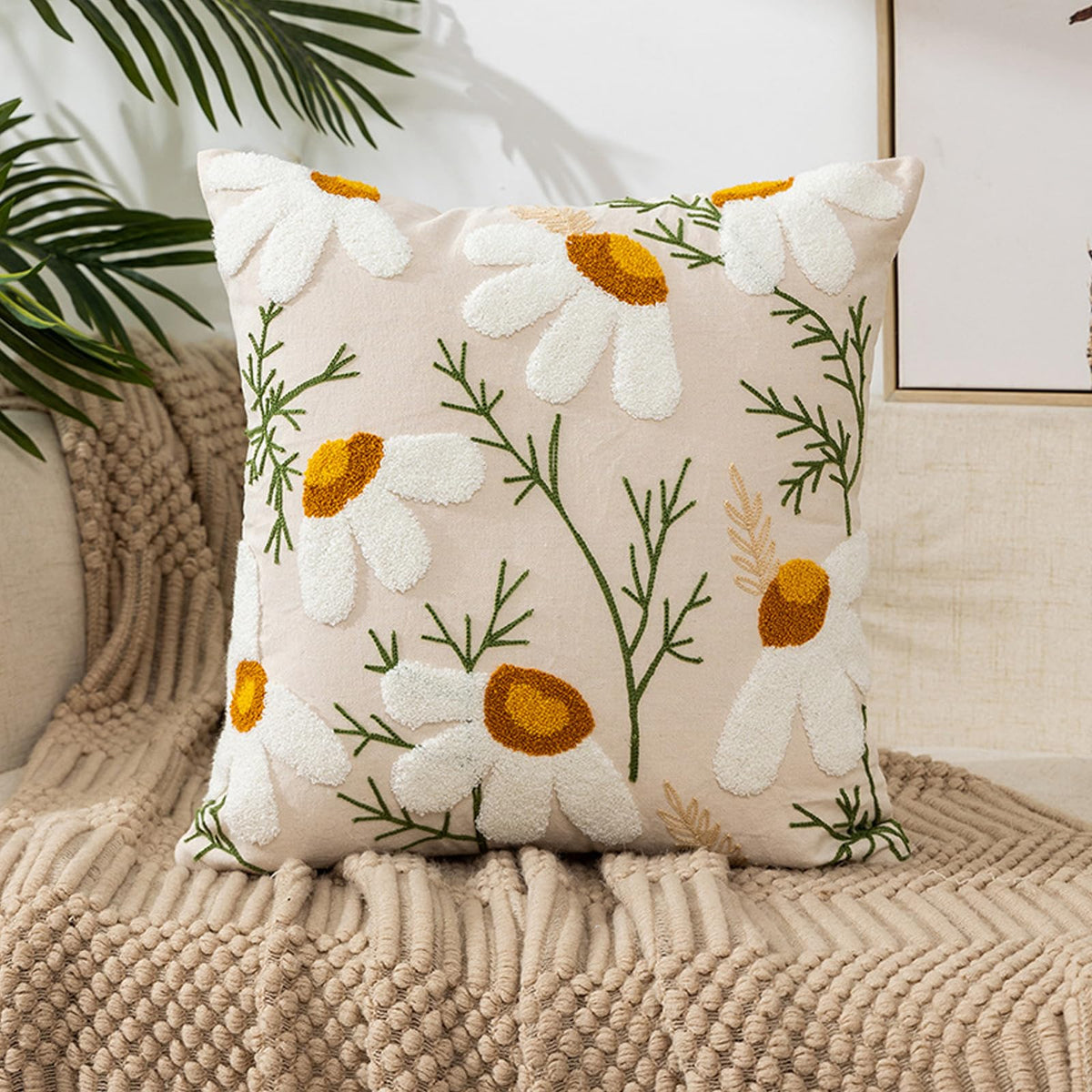 Embroidered Floral Throw Pillow Cover