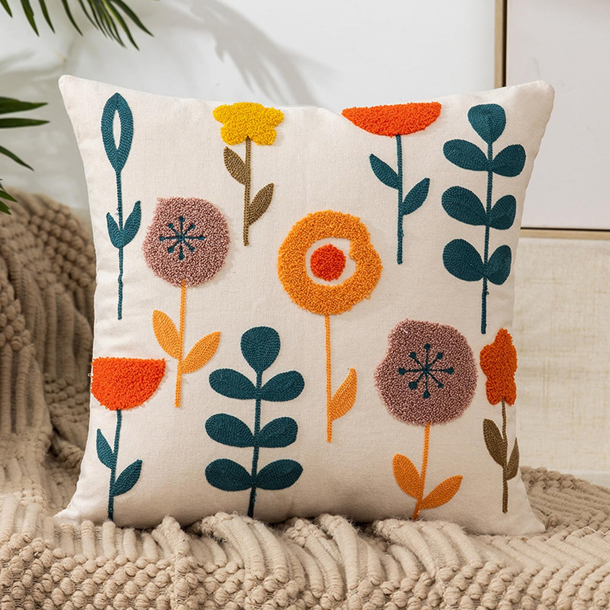 Embroidered Floral Throw Pillow Cover