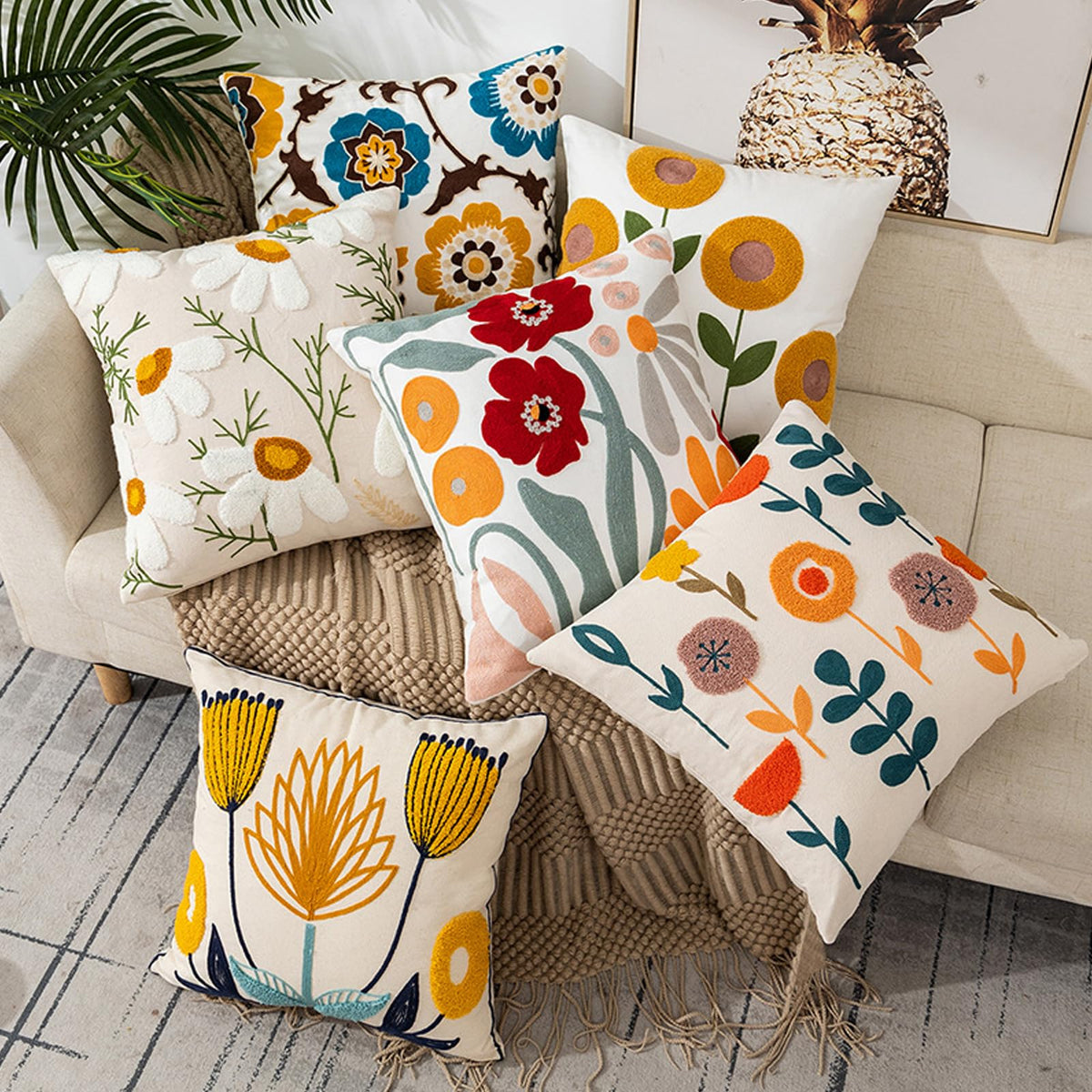 Embroidered Floral Throw Pillow Cover